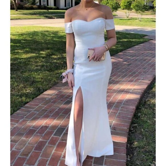 DRESS THE POPULATION Logan Off the Shoulder Evening Dress in Off White X-Small - Picture 1 of 15